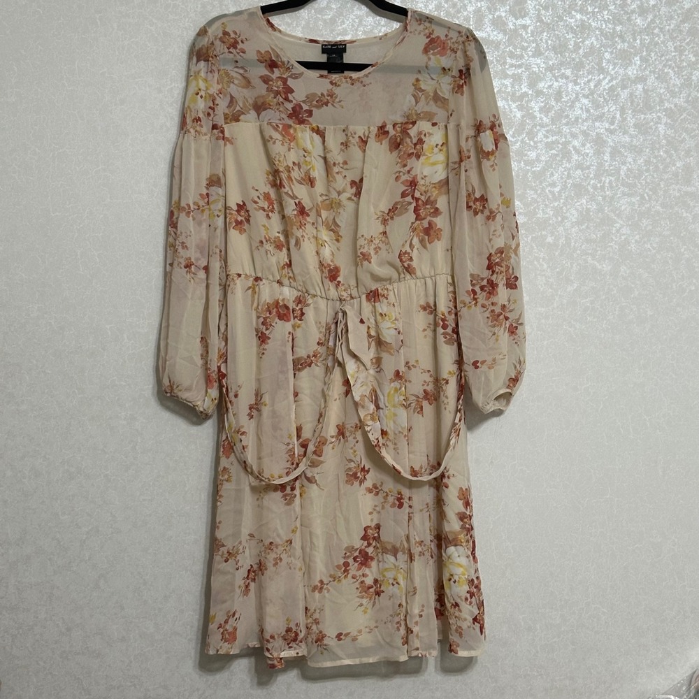 Kate & Lily Floral Chiffon Long Sleeve Tie Waist Boho‎ Dress Beige Cottagecore M